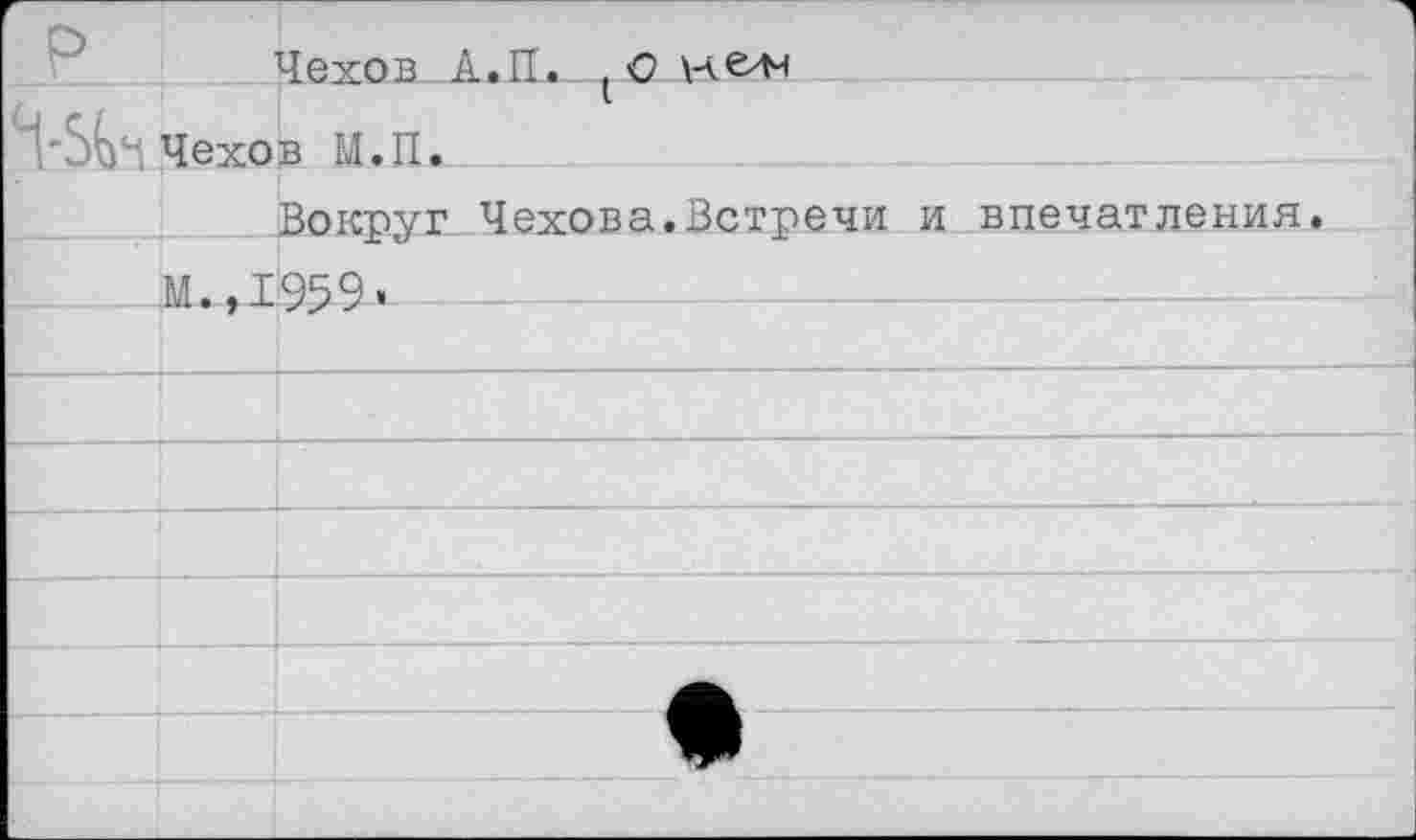 ﻿В Чехоа.,
‘1'5^4 Чехов М.П.
Вокруг Чехова.Встречи и впечатления М.,1959.